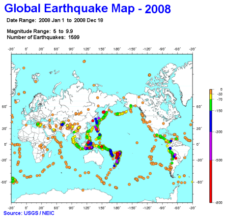 Map Of Earthquakes And Volcanoes. Earthquake Density Map of