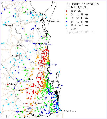 Satellite Pictures Of Qld Floods. Maryborough to Gold Coast 24-hr Rainfall. Queensland Flood Map [12 Jan 2011]
