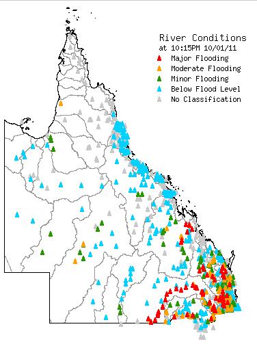 Worst affected flood areas in Queensland Queensland Flood Map (10-01-2010)