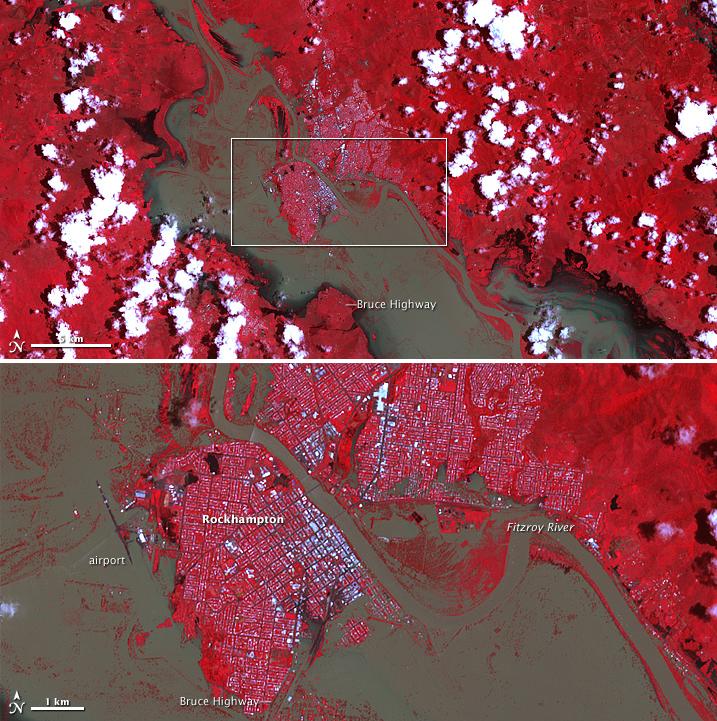 Flooding in Rockhampton, Queensland. Image captured by ASTER on NASA's Terra 