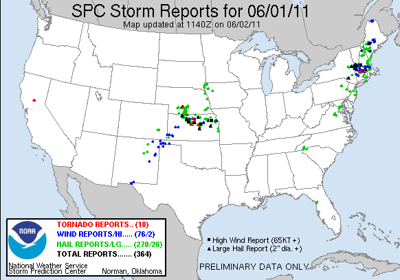 tornado alley map. Tornado, Hail and Severe Weather Map for June 1 (Preliminary reports)