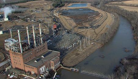 Aerial view of retired Dan River Steam Station and ash basins
